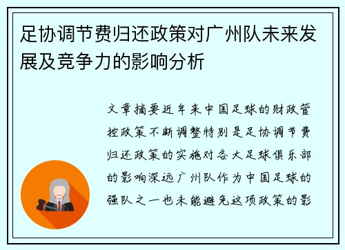足协调节费归还政策对广州队未来发展及竞争力的影响分析 足协调节费归还政策对广州队未来发展及竞争力的影响分析
